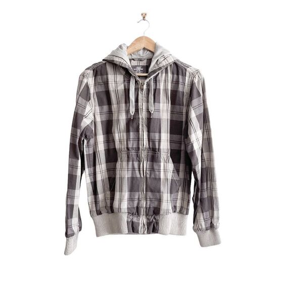 H&M L.O.G.G. Mens Hooded Jacket Kangaroo Pockets Plaid Brown Tan Small - Picture 1 of 7
